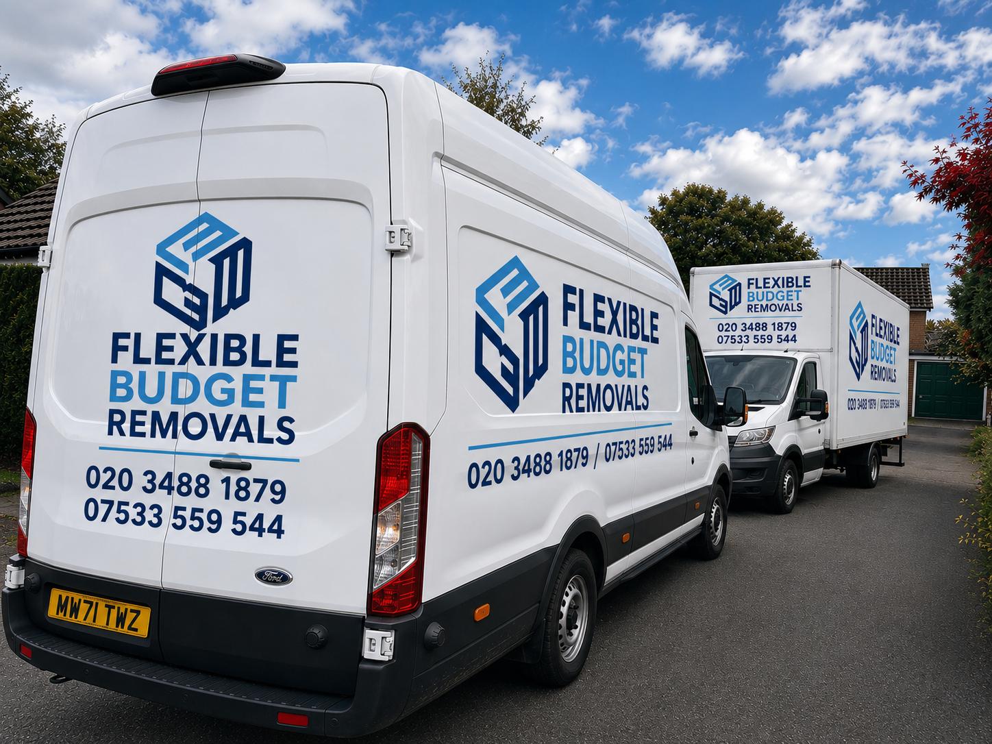 Flexible Removals branded vans parked and ready for a house move